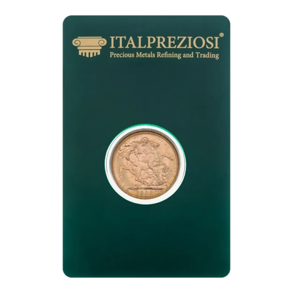 Moneda de oro Esterlina Británica en un soporte verde oscuro de Italpreziosi, con la inscripción ITALPREZIOSI Precious Metals Refining and Trading, de diseño clásico.