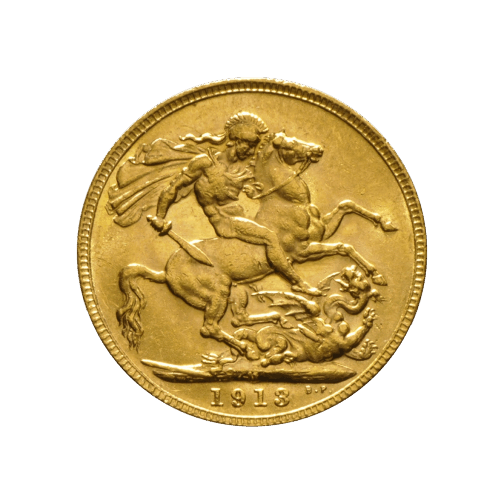 La Sterlina Britannica è una moneta d'oro che raffigura San Giorgio a cavallo che uccide un drago, con l'anno 1913 inciso in basso.
