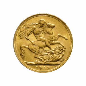 La Sterlina Britannica è una moneta d'oro che raffigura San Giorgio a cavallo che uccide un drago, con l'anno 1913 inciso in basso.