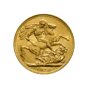 La Esterlina Británica es una moneda de oro con la imagen de un hombre a caballo matando a un dragón, fechada en 1918 en la parte inferior. Tiene el canto estriado y su diseño presenta detalles intrincados.