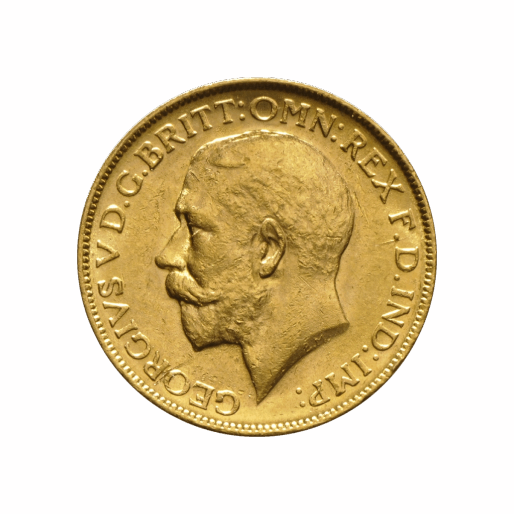 La Sterlina Britannica è una moneta d'oro che mostra un uomo barbuto rivolto a sinistra con i baffi; le parole latine e "GEORGIVS V D.G. BRITT: OMN: REX F.D. IND: IMP:" circondano il bordo.