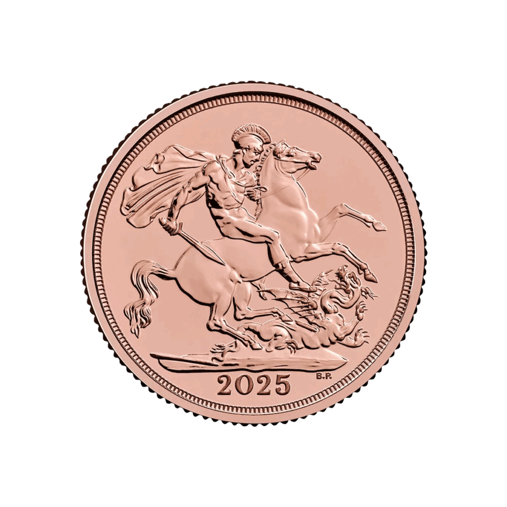 La Sterlina d'Oro 2025 - Re Carlo III raffigura un guerriero a cavallo che uccide un drago, con il mantello che gli scorre dietro e le iniziali B.R. incise in basso.