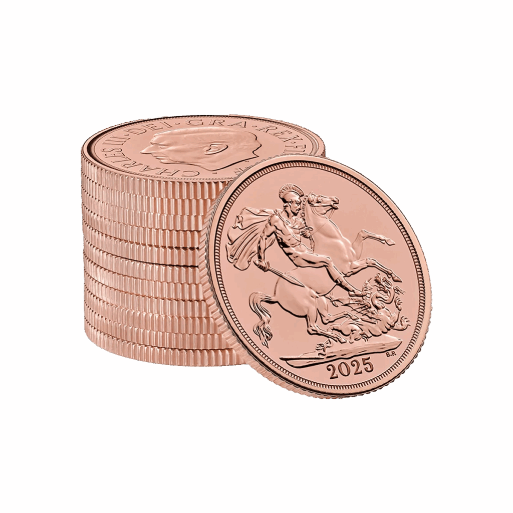 Pila di monete color bronzo con bordi rigati, con il disegno Sterlina d'Oro 2025 - Re Carlo III: un'incisione dettagliata di un uomo a cavallo che uccide un drago e l'anno 2025 sulla moneta superiore.