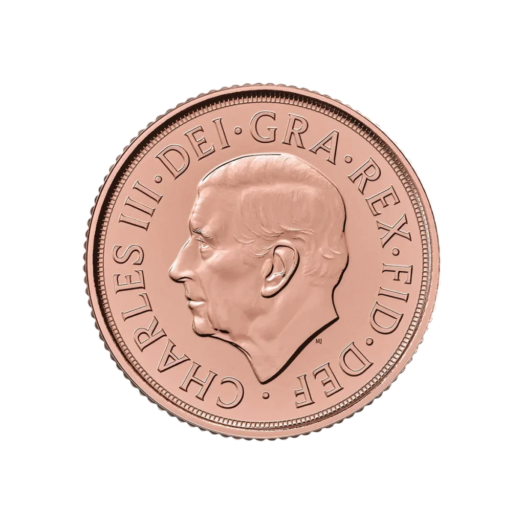 La Soberana de Oro 2025 - Rey Carlos III es una moneda británica de color cobre que muestra el perfil izquierdo del rey Carlos III con la inscripción "CHARLES III DEI GRA REX FID DEF" alrededor del canto.