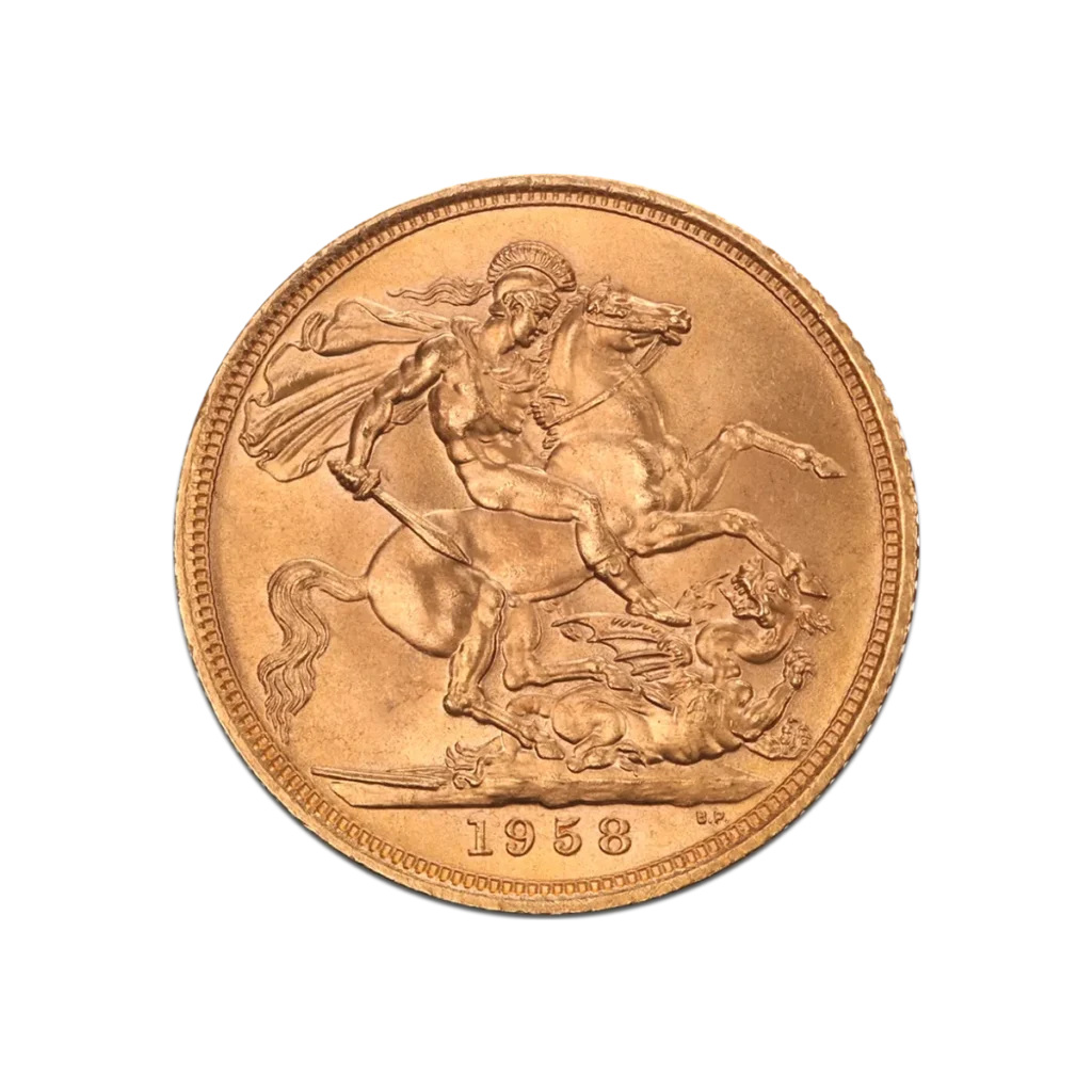 El Soberano de Oro de la Reina Isabel II es una moneda de oro de 1958, con grabados detallados de un hombre a caballo matando a un dragón y canto estriado.