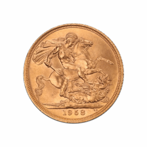 La Sterlina d'Oro Regina Elisabetta II è una moneta d'oro del 1958 che presenta San Giorgio che uccide un drago, incisioni dettagliate e un bordo ribassato.