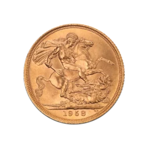 El Soberano de Oro de la Reina Isabel II es una moneda de oro de 1958, con grabados detallados de un hombre a caballo matando a un dragón y canto estriado.