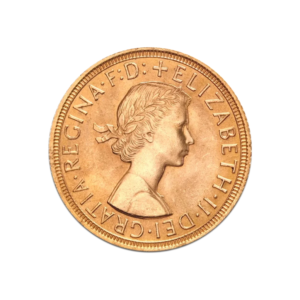 El Soberano de Oro de la Reina Isabel II exhibe el perfil derecho de una mujer con cabello trenzado y la inscripción "ELIZABETH II DEI GRATIA REGINA F D", además de un borde detallado y estriado.