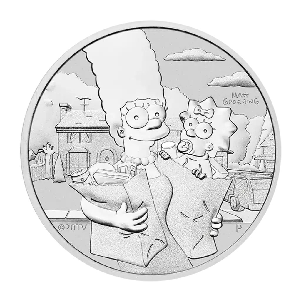 The 2021 Tuvalu The Simpsons: Marge and Maggie 1 oz Silver BU coin shows Marge with grocery bags and baby Maggie outside a house, both smiling in cartoon style, with "MATT GROENING" inscribed in the background.