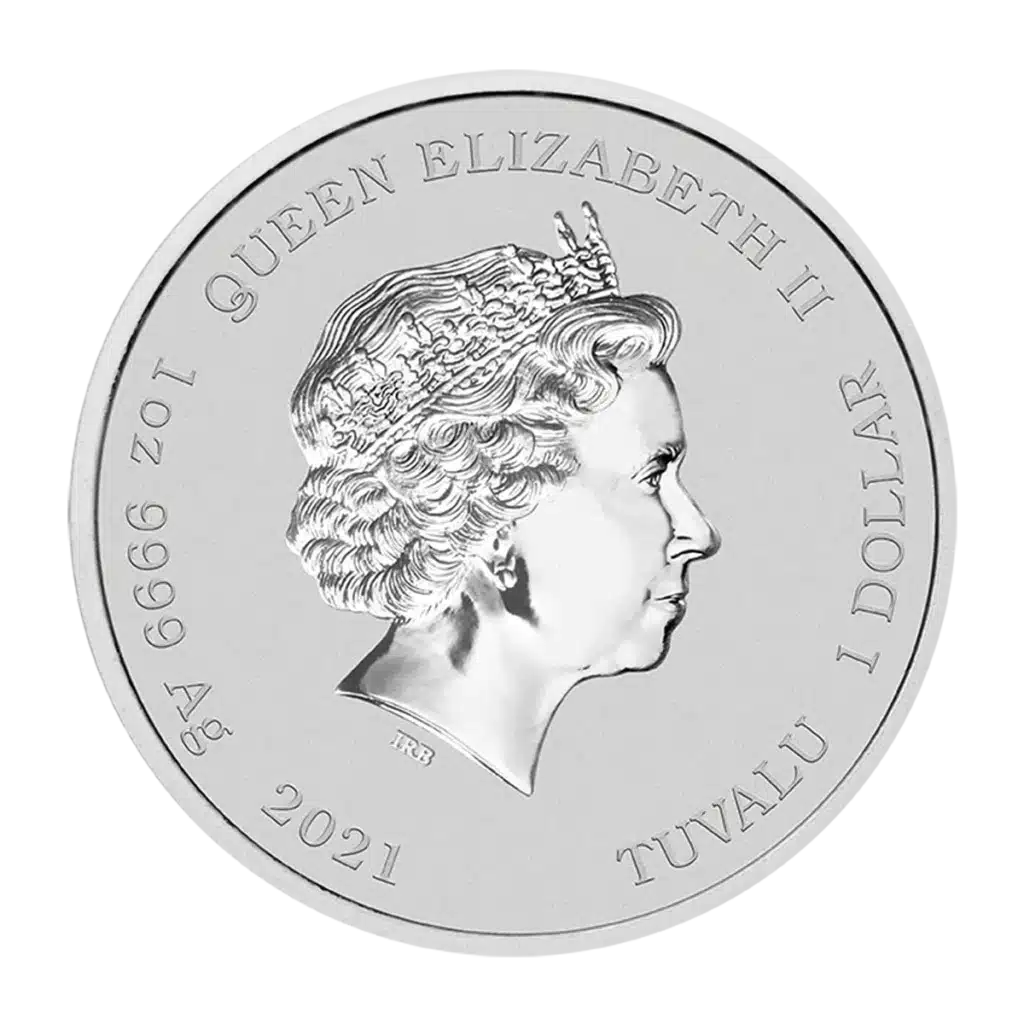 A 2021 Tuvalu silver coin featuring Marge and Maggie from The Simpsons, inscribed with QUEEN ELIZABETH II, 1oz 9999 Ag, TUVALU, 1 DOLLAR.