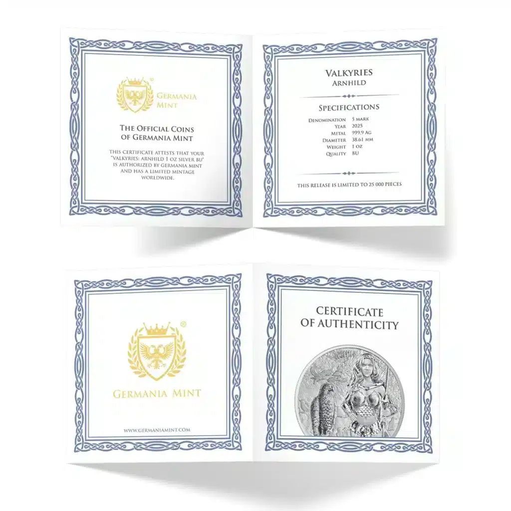 Four panels of the 2025 Valkyries: Arnhild 1 oz Silver BU Germania Mint certificate feature gold crests and website, coin specifications, and a Certificate of Authenticity with a Valkyrie coin image.