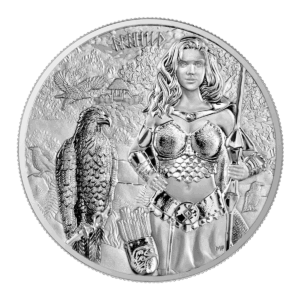 La moneta 2025 Valchirie: Arnhild 1 oz Argento Fior di Conio presenta una donna guerriera in armatura con lancia e aquila, con montagne, alberi, case e simboli runici incisi sopra la testa.
