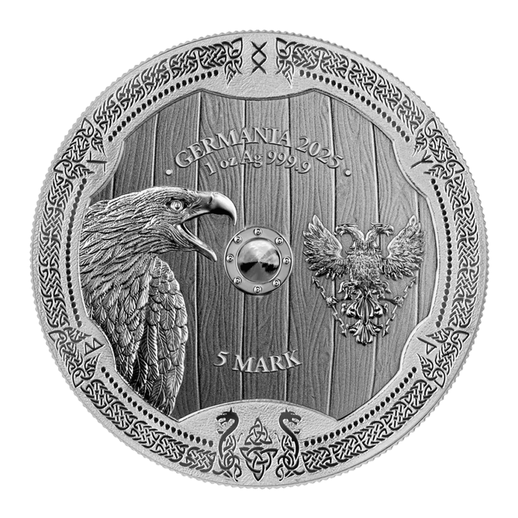 La moneta d'argento 2025 Valchirie: Arnhild 1 oz Argento Fior di Conio è una moneta d'argento con una testa d'aquila dettagliata, l'emblema dell'aquila bicipite, la scritta "GERMANIA 2023" sopra la dicitura "1 oz Ag 999.9" e la scritta "5 MARK" in basso, il tutto circondato da intricati motivi di bordo.