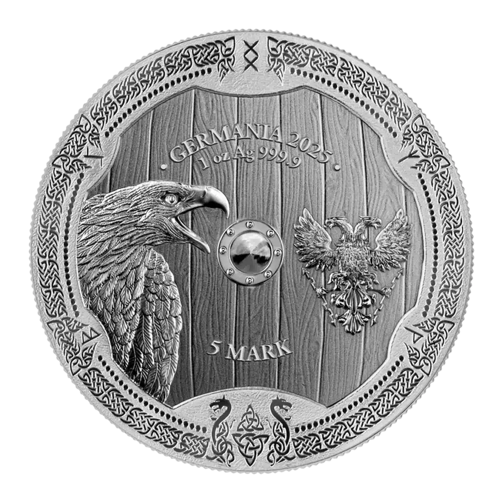 The 2025 Valkyries: Arnhild 1 oz Silver BU coin features intricate patterns, with an eagle’s head on the left, a double-headed eagle crest on the right, and inscriptions GERMANIA 2023, 1 oz Ag 999.9, and 5 MARK.