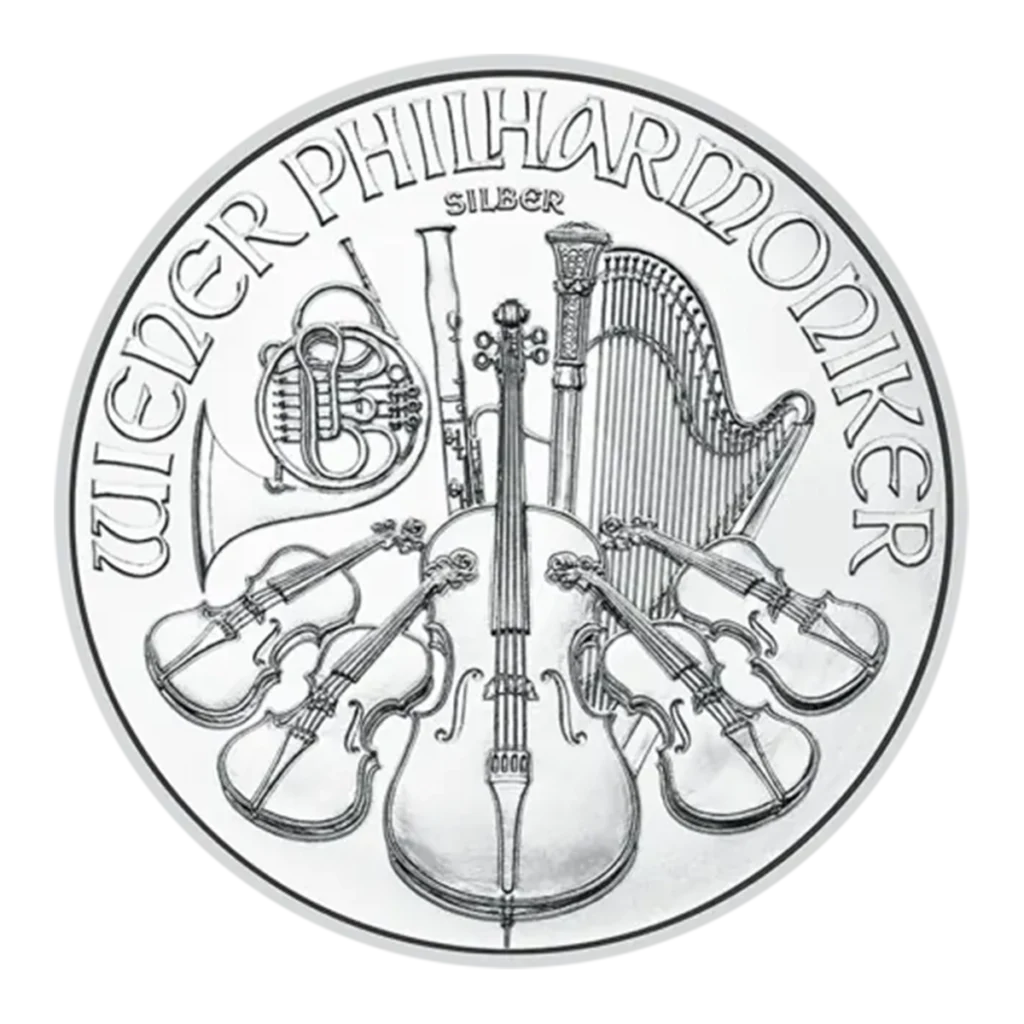 La Filarmónica de Viena Plata 2025 de 1 oz es una moneda de plata que representa un arpa, violines, violonchelo, fagot y trompa, con la inscripción "WIENER PHILHARMONIKER SILBER" en la parte superior.
