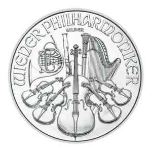 La Filarmónica de Viena Plata 2025 de 1 oz es una moneda de plata que representa un arpa, violines, violonchelo, fagot y trompa, con la inscripción "WIENER PHILHARMONIKER SILBER" en la parte superior.