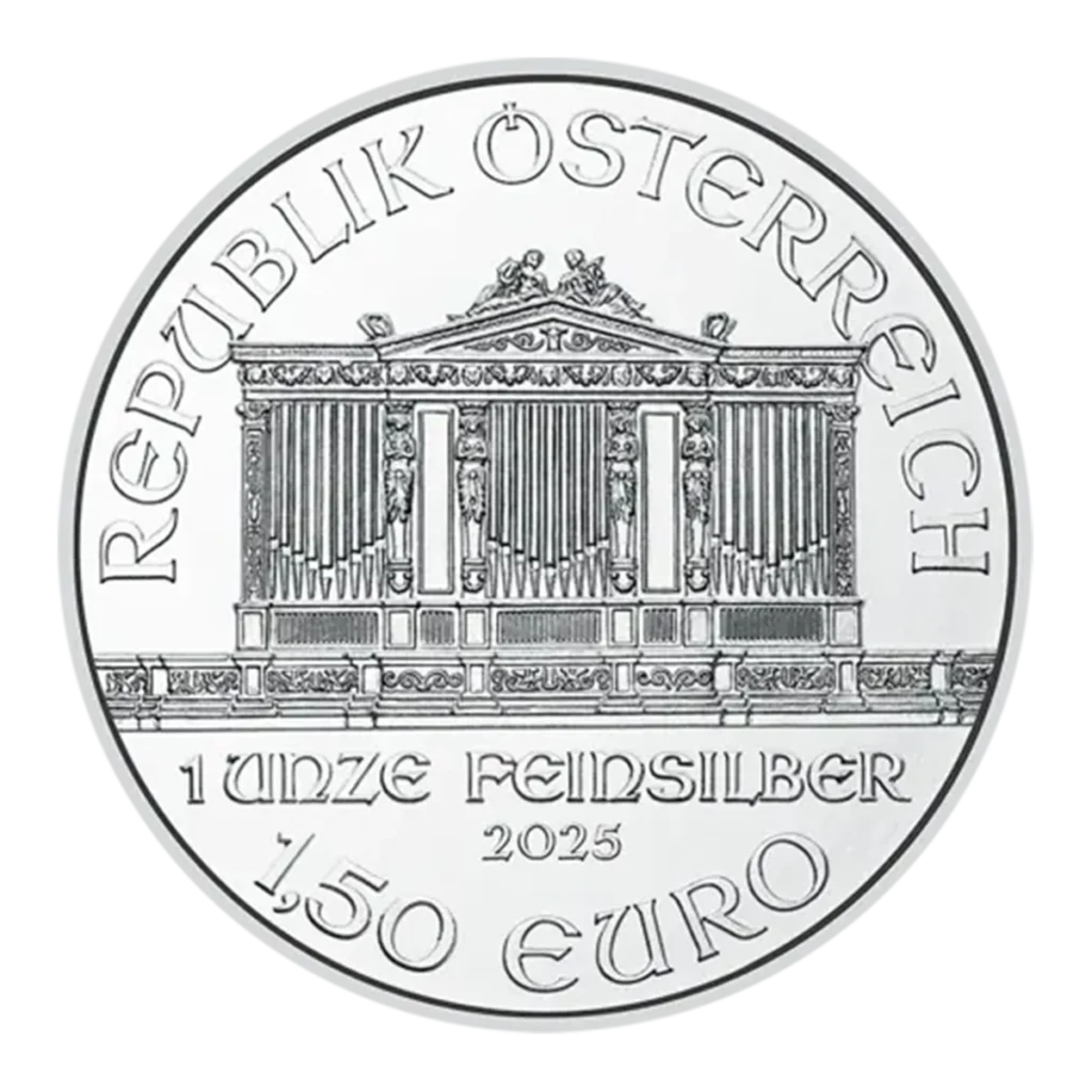 La 1 oz Filarmónica de Viena Plata 2025 es una moneda austríaca de plata que muestra el Gran Órgano del Musikverein de Viena, con la inscripción REPUBLIK ÖSTERREICH, 1 UNZE FEINSILBER, 2025, y un valor facial de 1,50 EURO.