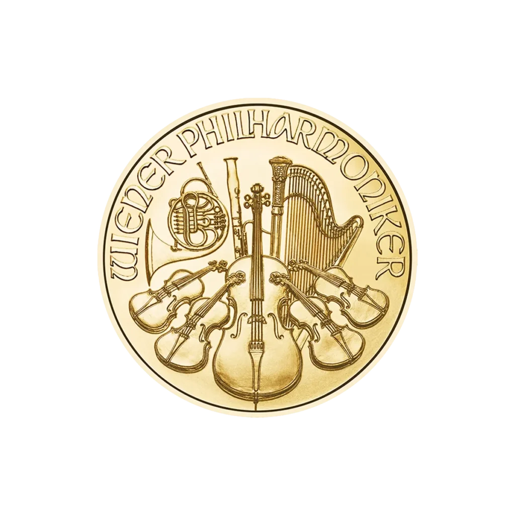 La moneda de oro Filarmónica de Viena Oro 2025 de 1/10 oz muestra instrumentos musicales como un arpa, un violín, un violonchelo, un fagot y una trompa, con la inscripción "WIENER PHILHARMONIKER" en la parte superior.