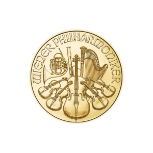 La moneda de oro Filarmónica de Viena Oro 2025 de 1/10 oz muestra instrumentos musicales como un arpa, un violín, un violonchelo, un fagot y una trompa, con la inscripción "WIENER PHILHARMONIKER" en la parte superior.