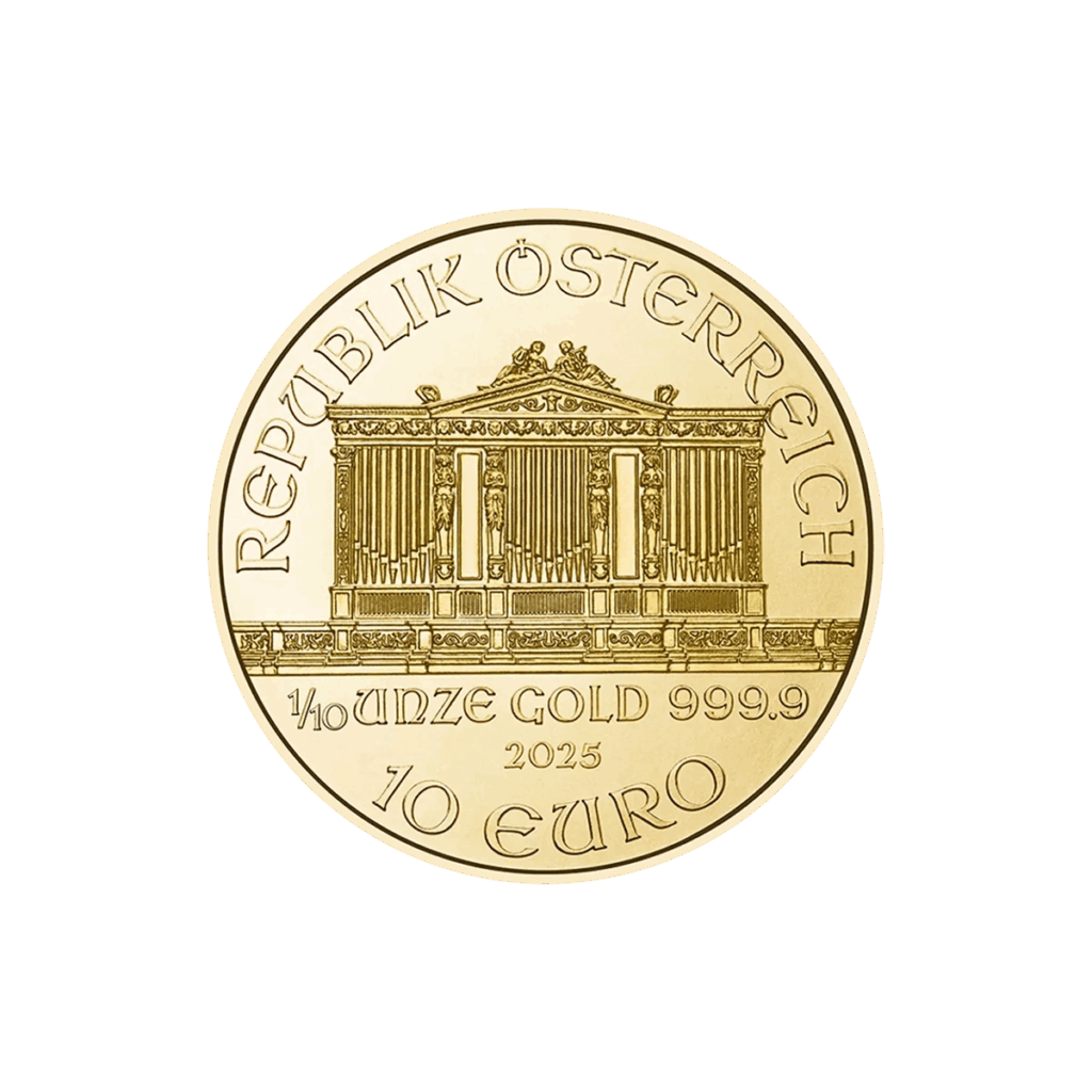 La Filarmonica di Vienna Oro 2025 da 1/10 oz presenta l'organo del Musikverein e le iscrizioni: REPUBLIK ÖSTERREICH, "1/10 UNZE GOLD 999.9", 2025, e una denominazione di 10 EURO.