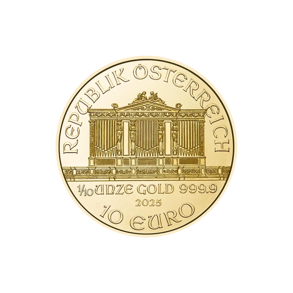 Moneda austríaca de 1/10 oz Filarmónica de Viena Oro de 2025, en la que figura el órgano Musikverein de Viena y las inscripciones: "REPUBLIK ÖSTERREICH", "1/10 UNZE GOLD 999.9" y "10 EURO".