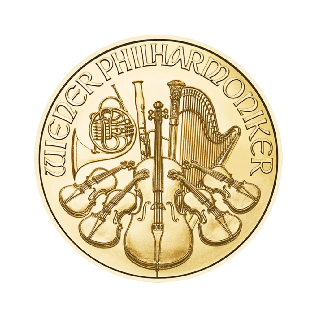La moneda de oro de 1/2 oz Filarmónica de Viena Oro 2025 muestra instrumentos orquestales -arpa, violín, violonchelo, contrabajo, trompa y fagot- rodeados por la inscripción "WIENER PHILHARMONIKER" en el borde superior.