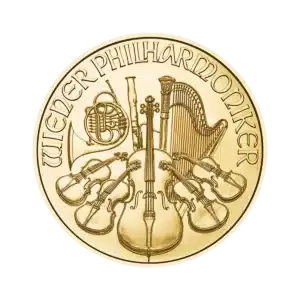 La moneda de oro de 1/2 oz Filarmónica de Viena Oro 2025 muestra instrumentos orquestales -arpa, violín, violonchelo, contrabajo, trompa y fagot- rodeados por la inscripción "WIENER PHILHARMONIKER" en el borde superior.