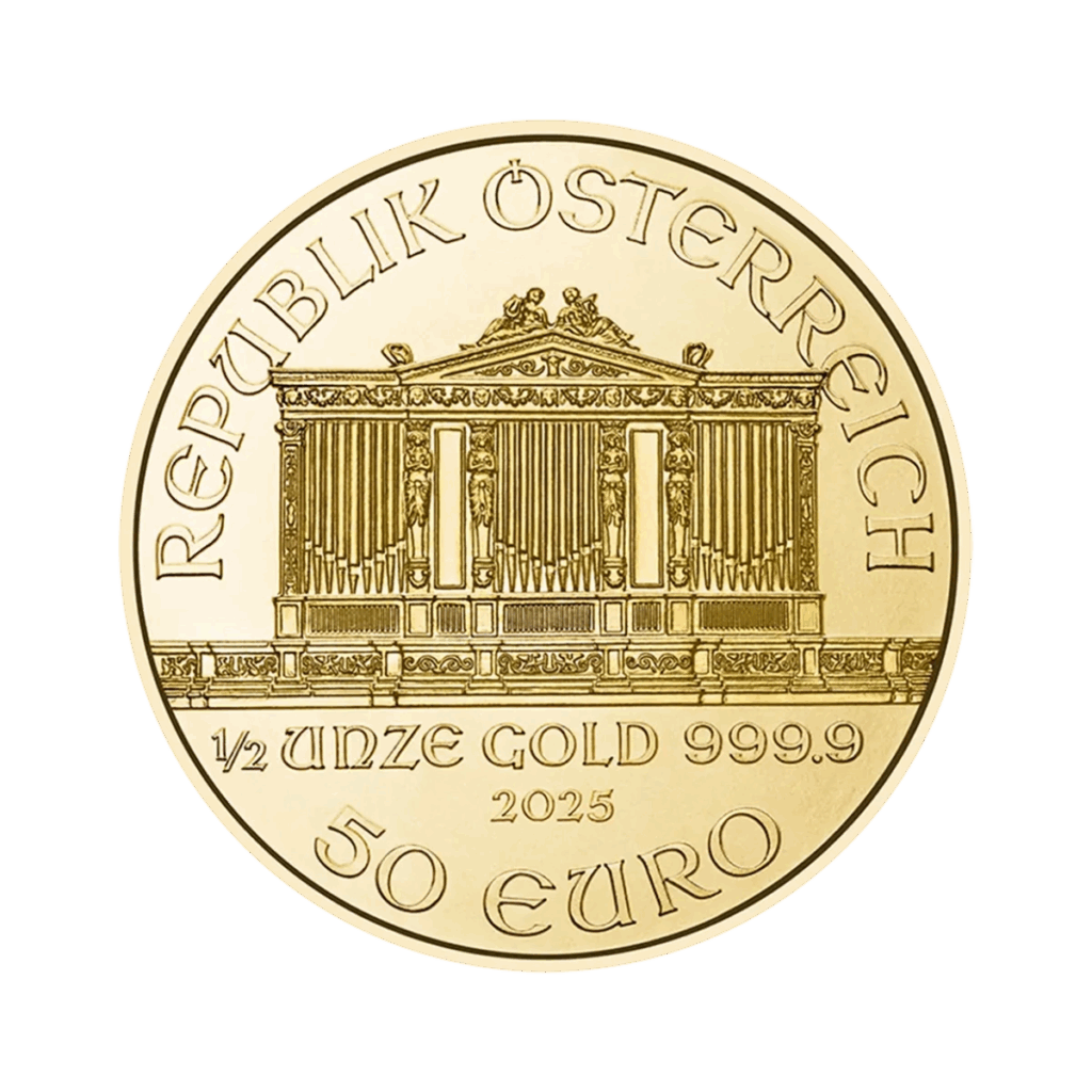 La moneta d'oro da 1/2 oz Filarmonica di Vienna Oro 2025 presenta l'edificio della Filarmonica di Vienna e le iscrizioni: "REPUBLIK ÖSTERREICH", "1/2 OLIO 999,9", "2025" e "50 EURO".