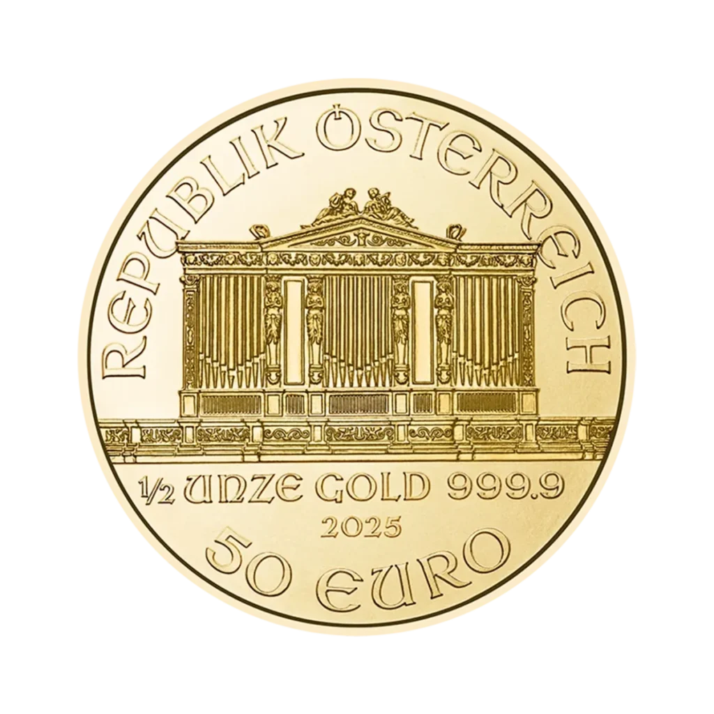 La moneda de 1/2 oz Filarmónica de Viena Oro 2025 muestra el edificio de la Filarmónica de Viena y lleva la inscripción "REPUBLIK ÖSTERREICH, 1/2 UNZE GOLD 999.9, 2025, 50 EURO".