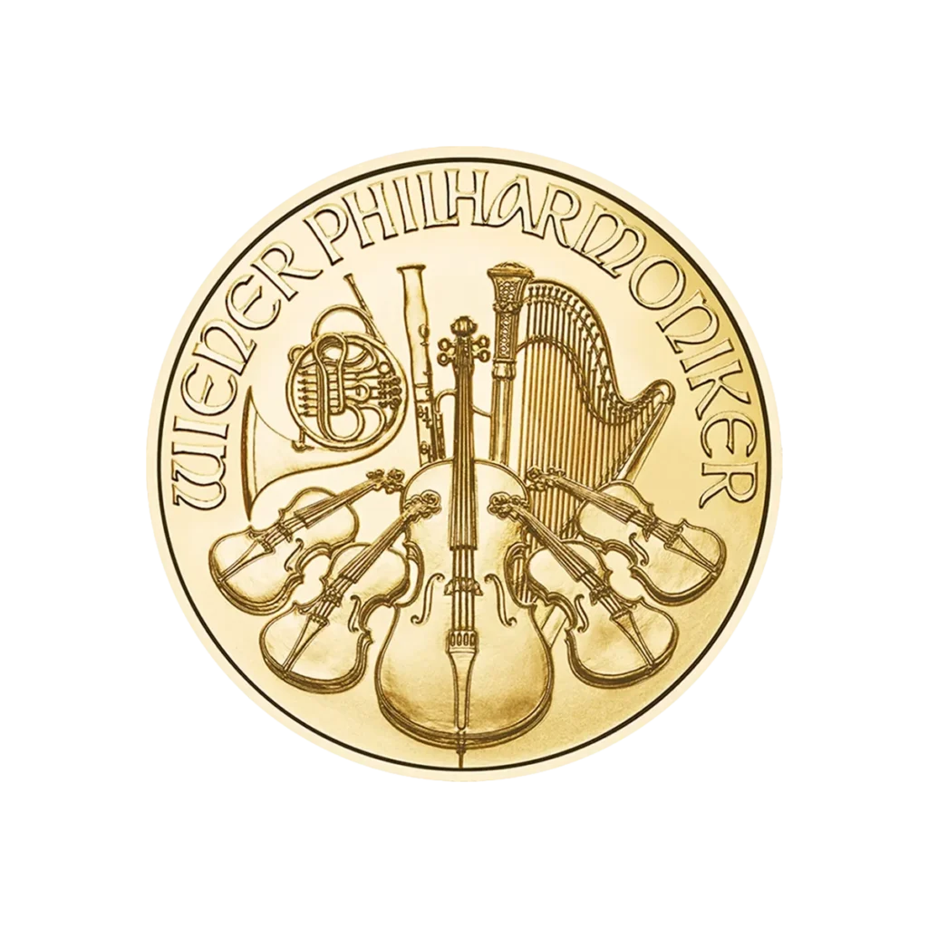 La moneda de 1/4 oz Filarmónica de Viena Oro 2025 muestra instrumentos de cuerda, un arpa y una trompa, con la inscripción "WIENER PHILHARMONIKER" sobre ellos.