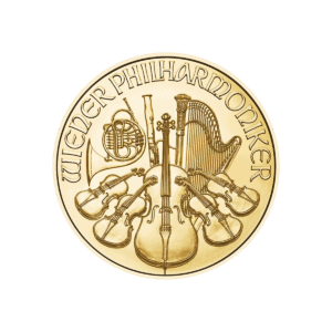 La moneta da 1/4 di oz Filarmonica di Vienna Oro 2025 presenta strumenti orchestrali e l'iscrizione "WIENER PHILHARMONIKER" lungo il bordo superiore.