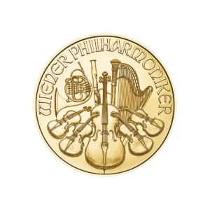 La moneda de 1/4 oz Filarmónica de Viena Oro 2025 muestra instrumentos de cuerda, un arpa y una trompa, con la inscripción "WIENER PHILHARMONIKER" sobre ellos.