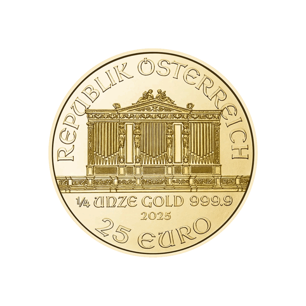 Moneta d'oro da 1/4 di oz Filarmonica di Vienna Oro 2025 con l'organo della Filarmonica di Vienna e le iscrizioni: REPUBLIK ÖSTERREICH, 1/4 DI ORO 999,9, 2025 e 25 EURO.