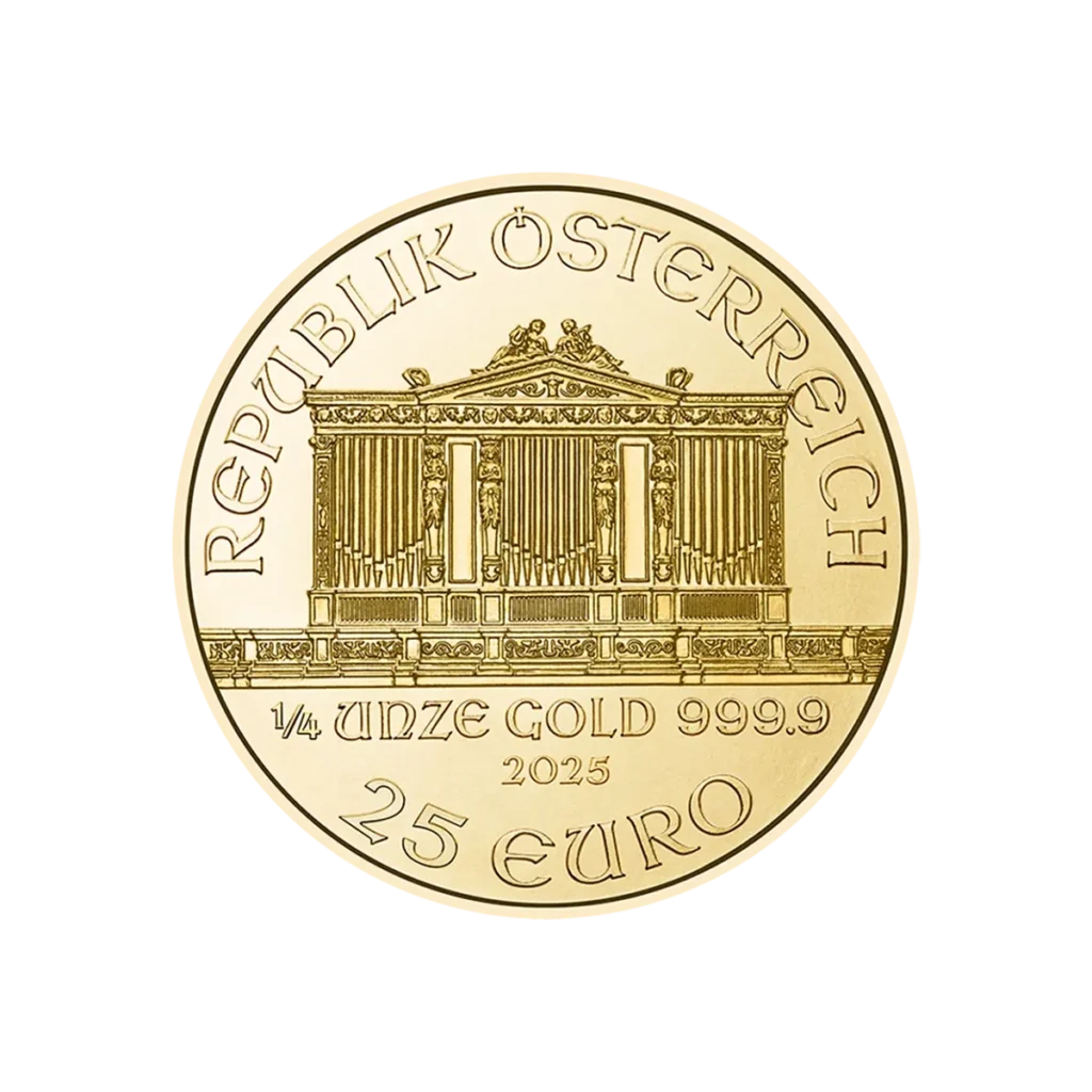 La moneda de 1/4 oz Filarmónica de Viena Oro 2025 muestra el órgano de la Filarmónica de Viena y lleva grabadas las leyendas REPUBLIK ÖSTERREICH, 1/4 UNZE GOLD 999.9, 2025 y 25 EURO alrededor del diseño.