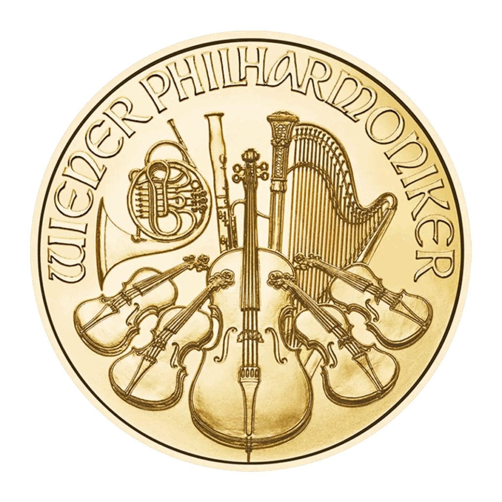 La Filarmonica di Vienna Oro 2025 da 1 oz riporta la scritta "WIENER PHILHARMONIKER" sopra strumenti musicali dettagliati: arpa, violoncello, violini, fagotto e corno francese.