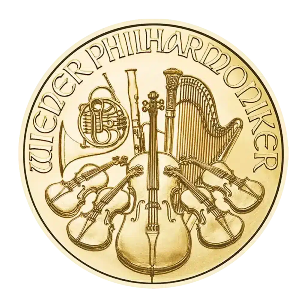 La moneda de 1 oz Filarmónica de Viena Oro 2025 muestra "WIENER PHILHARMONIKER" e intrincadas imágenes de instrumentos orquestales como un arpa, violines, violonchelo, fagot y trompa.