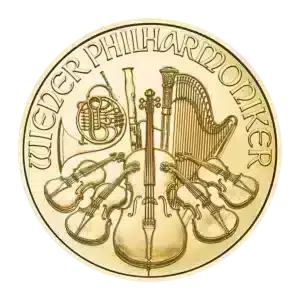 La moneda de 1 oz Filarmónica de Viena Oro 2025 muestra "WIENER PHILHARMONIKER" e intrincadas imágenes de instrumentos orquestales como un arpa, violines, violonchelo, fagot y trompa.