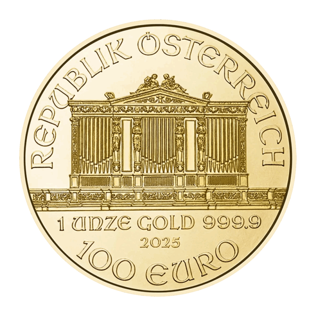 La Filarmonica di Vienna Oro 2025 da 1 oz è una moneta austriaca d'oro che raffigura l'organo della Filarmonica di Vienna e reca le iscrizioni: REPUBLIK ÖSTERREICH, 1 ONCE ORO 999,9, 2025 e 100 EURO.