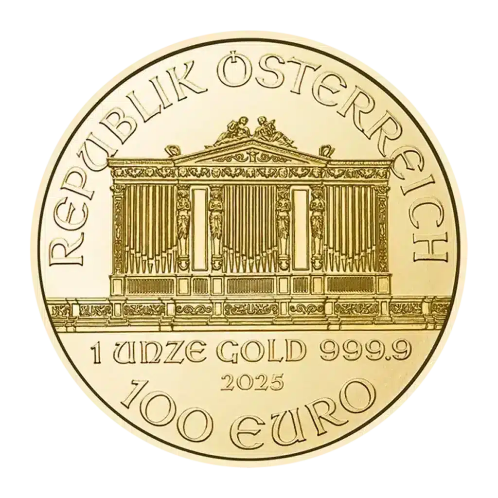La 1 oz Filarmónica de Viena Oro 2025 es una moneda austriaca de oro que muestra el órgano de la Filarmónica de Viena y lleva la inscripción Republik Österreich, 1 Unze Gold 999.9, 2025, y una denominación de 100 Euro.