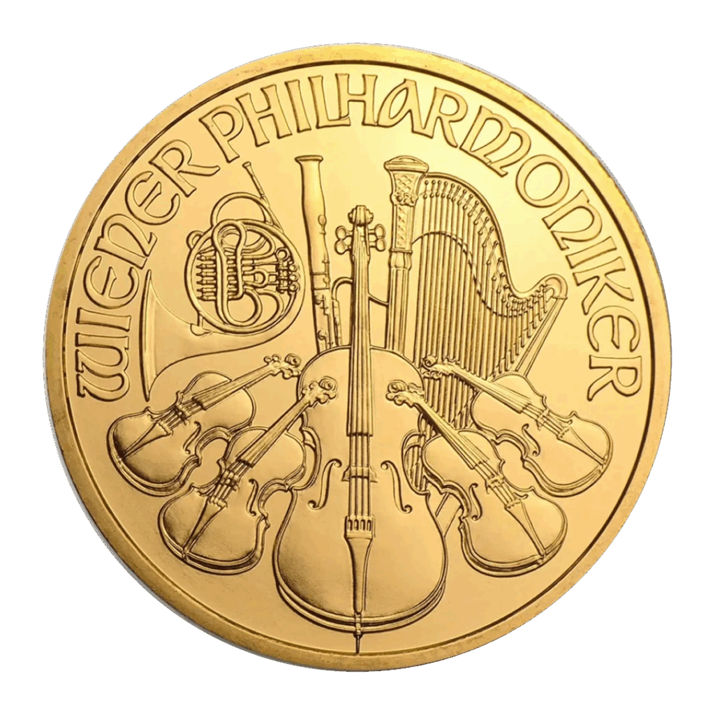 La moneta d'oro da 1 oz Filarmonica di Vienna Oro Anni diversi presenta strumenti orchestrali - arpa, violino, violoncello, flauto, corno francese e fagotto - con la scritta "WIENER PHILHARMONIKER".