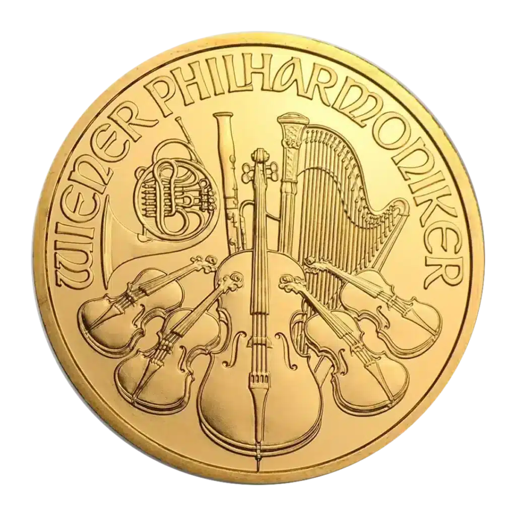 La moneda de 1 oz Filarmónica de Viena Oro Años varios muestra las palabras WIENER PHILHARMONIKER y presenta grabados detallados de instrumentos orquestales como un arpa, un violín, un violonchelo, una trompa y un fagot.