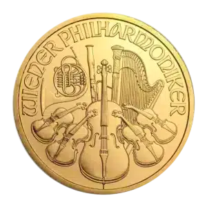 La moneda de 1 oz Filarmónica de Viena Oro Años varios muestra las palabras WIENER PHILHARMONIKER y presenta grabados detallados de instrumentos orquestales como un arpa, un violín, un violonchelo, una trompa y un fagot.