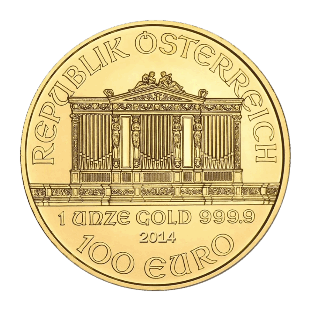 Moneta d'oro da 1 oz Filarmonica di Vienna Oro Anni diversi con il Grande Organo della Sala d'Oro di Vienna, con REPUBLIK ÖSTERREICH, 1 UNZE GOLD 999.9, anno e valore nominale sul fronte.