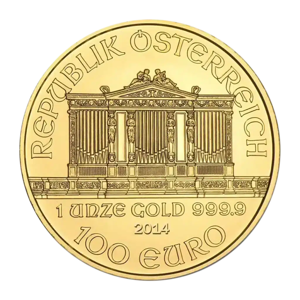 Moneda de 1 oz Filarmónica de Viena Oro de Austria, con el famoso órgano e inscripciones: REPUBLIK ÖSTERREICH, 1 UNZE GOLD 999.9, año variable y valor facial de 100 EURO.