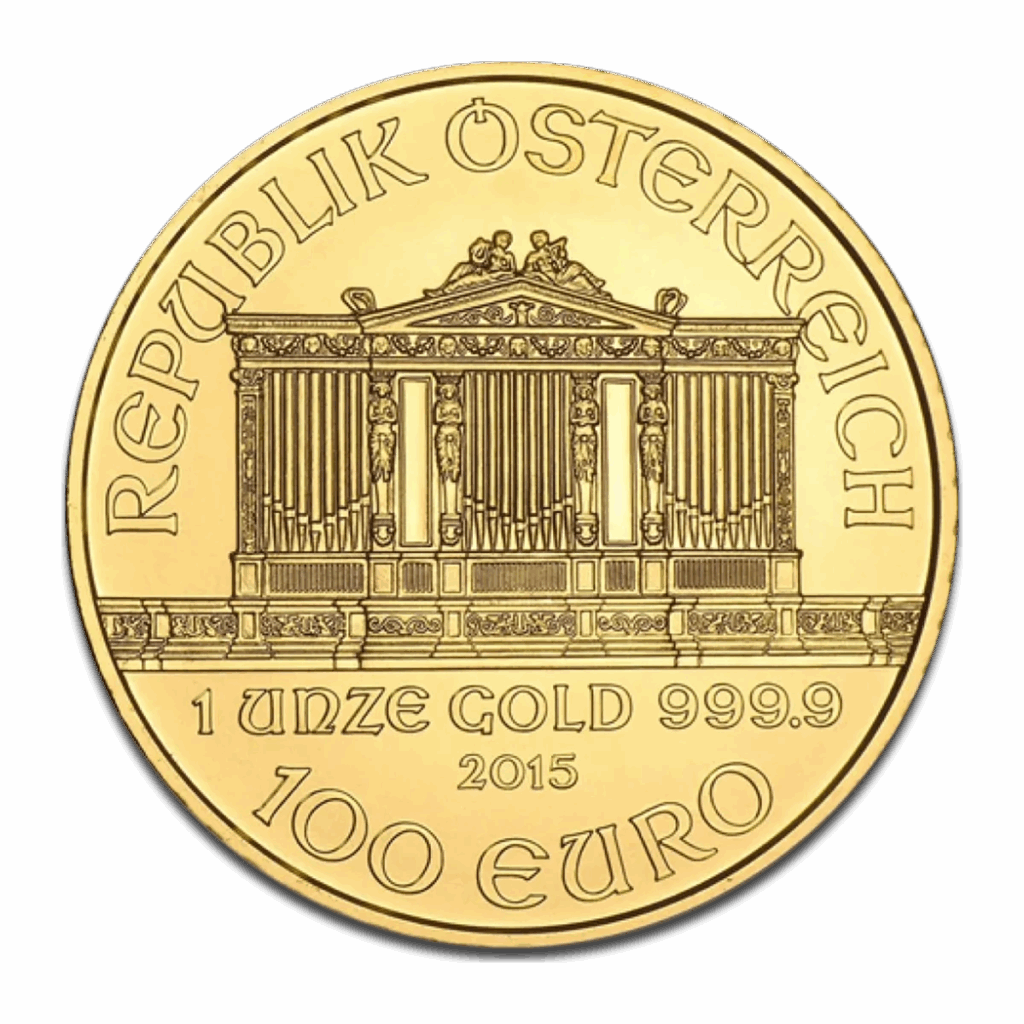 La moneta d'oro da 1 oz Filarmonica di Vienna Oro Anni diversi raffigura il Grande Organo di Vienna con le iscrizioni: REPUBLIK ÖSTERREICH, 1 ONCE ORO 999,9, anno di emissione e 100 EURO.