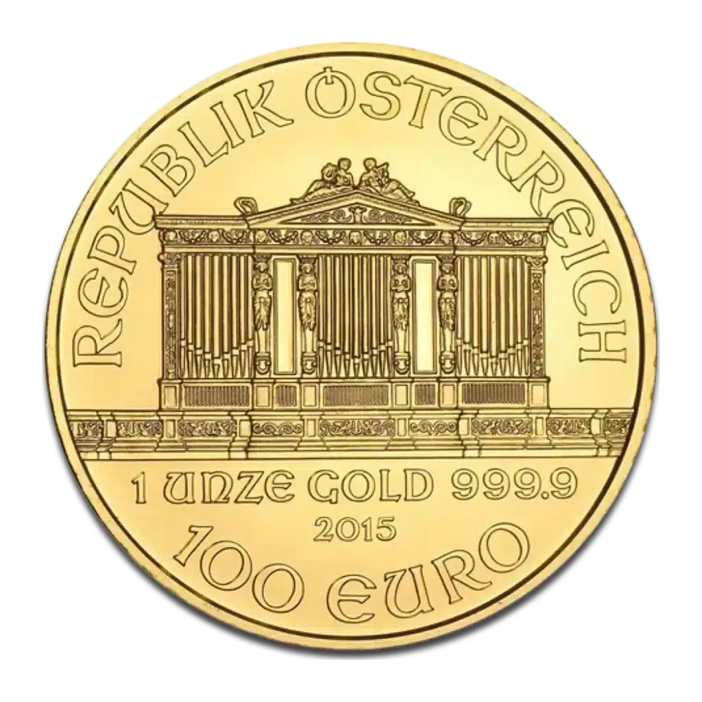 La moneda de oro de 1 oz Filarmónica de Viena Oro Años varios muestra el Gran Órgano del Salón Dorado de Viena, con inscripciones: Republik Österreich, 1 Unze Gold 999.9, año de emisión y valor facial de 100 euros en el anverso.