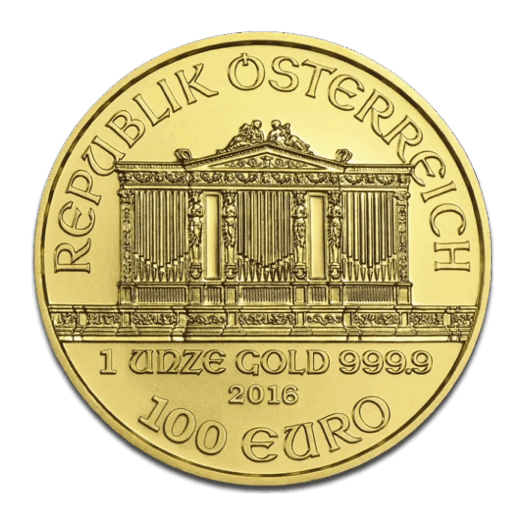 La moneta da 1 oz Filarmonica di Vienna Oro Anni diversi presenta la scritta "Republik Österreich" nella parte superiore, l'organo della Filarmonica di Vienna al centro e le iscrizioni del peso, della purezza, dell'anno e del valore nominale nella parte inferiore.