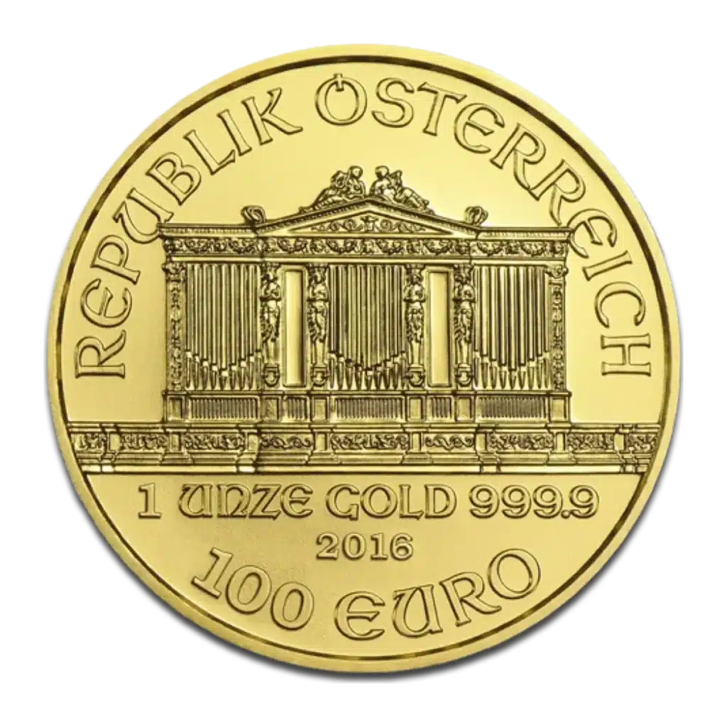 Moneda de 1 oz Filarmónica de Viena Oro, con un órgano e inscripciones: "Republik Österreich", "1 Unze Gold 999.9", año varios y valor facial de 100 euros.