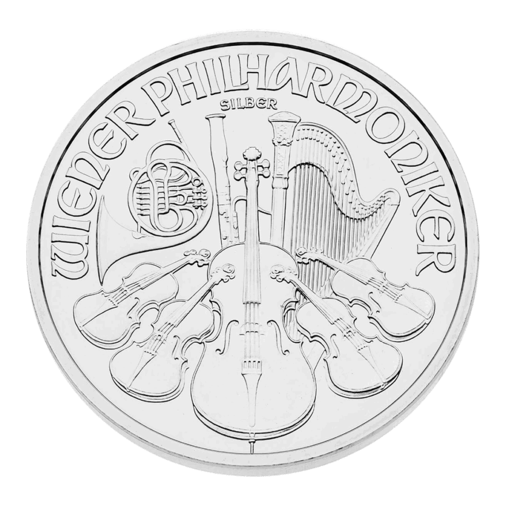 La moneta d'argento della Filarmonica di Vienna reca la scritta WIENER PHILHARMONIKER e raffigura strumenti orchestrali come arpa, violino, violoncello, fagotto e corno francese.
