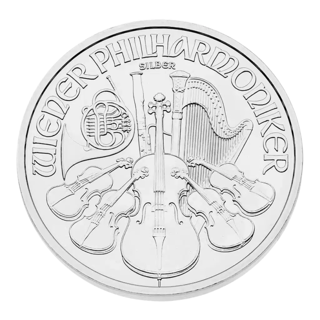 The Silver Vienna Philharmonic coin displays the text WIENER PHILHARMONIKER and SILBER above engraved orchestral instruments: harp, cello, violins, bassoon, and French horn.